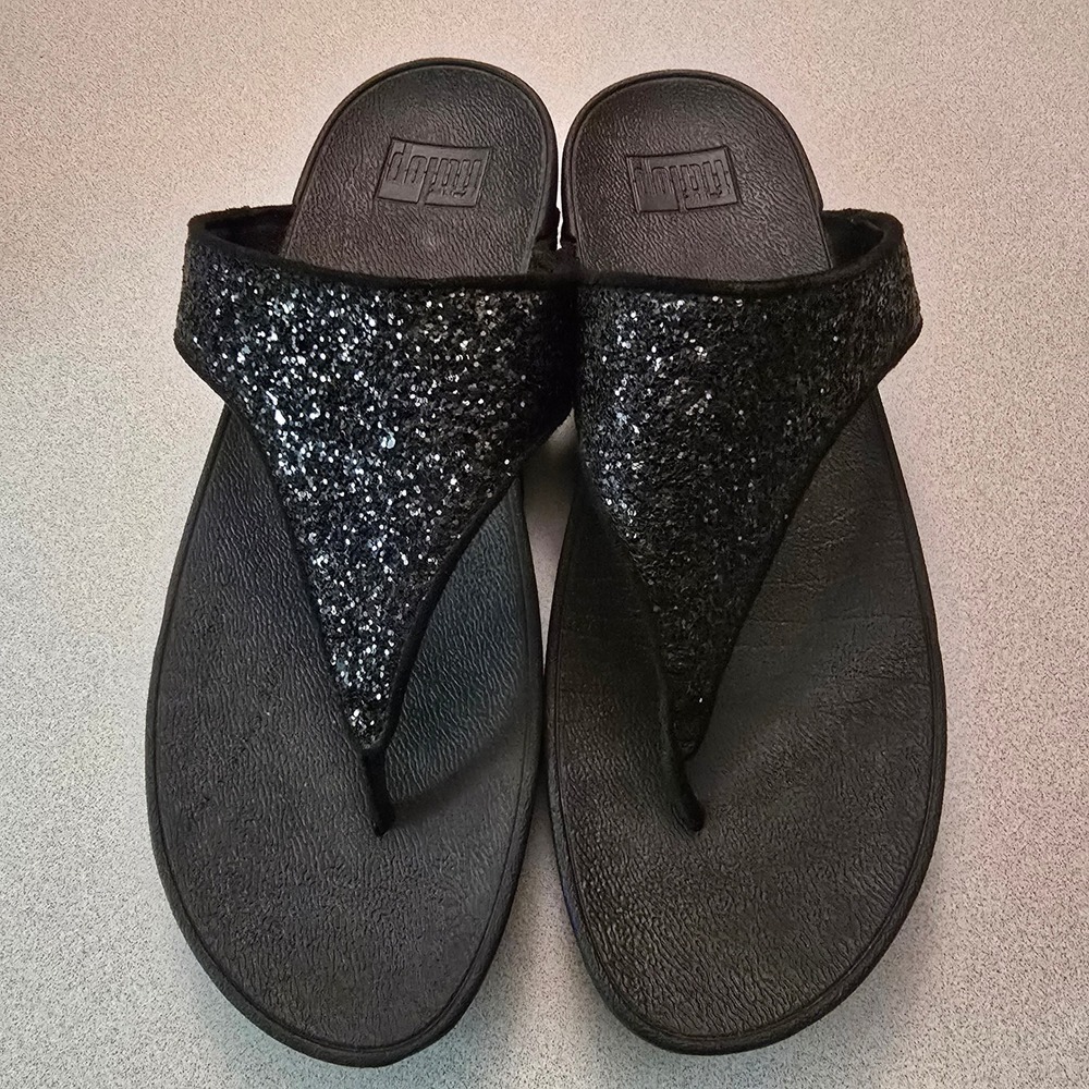 FitFlop Glitter Thong Sandals Sz 10  Black Sparkle Platform Wedge Flip Flops